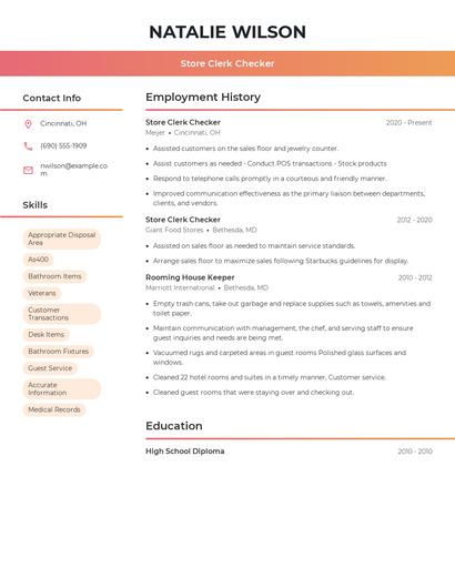 Store Clerk Checker Resume