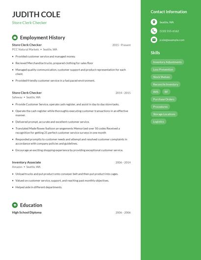 Store Clerk Checker Resume