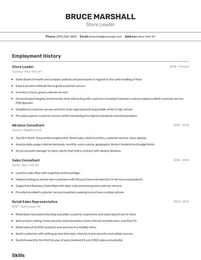 Store Leader Resume