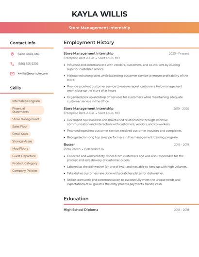 Store Management Internship Resume