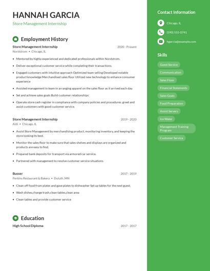 Store Management Internship Resume