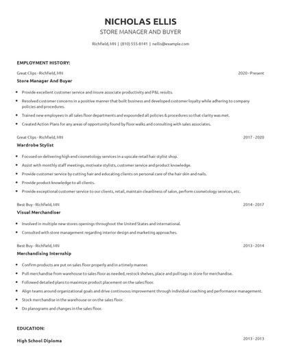 Store Manager And Buyer Resume