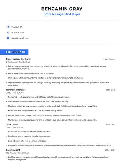 Store Manager And Buyer Resume