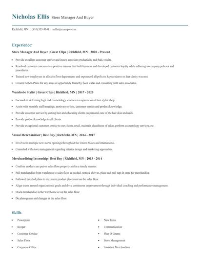 Store Manager And Buyer Resume