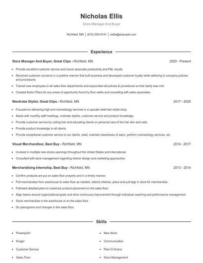Store Manager And Buyer Resume