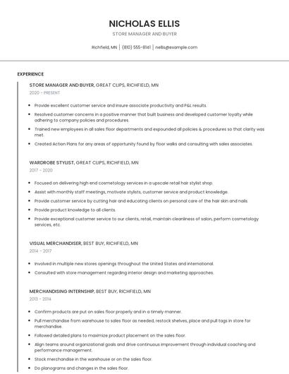 Store Manager And Buyer Resume