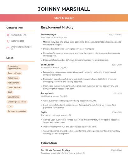 Store Manager Resume