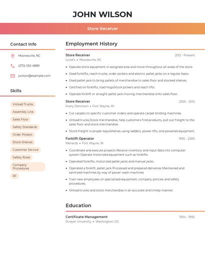 Store Receiver Resume