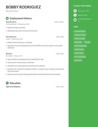 Store Receiver Resume