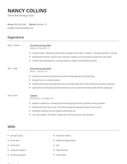 Store Receiving Clerk Resume