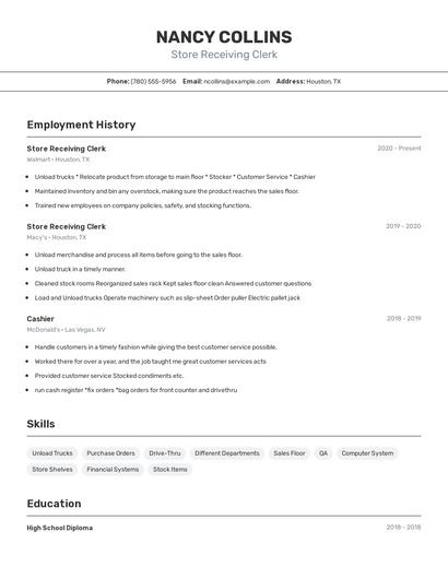 Store Receiving Clerk Resume