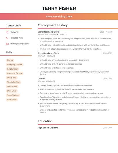 Store Receiving Clerk Resume