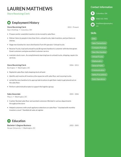 Store Receiving Clerk Resume