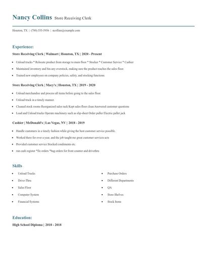 Store Receiving Clerk Resume