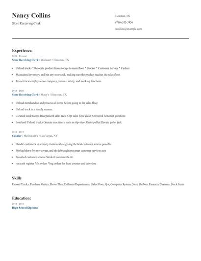Store Receiving Clerk Resume