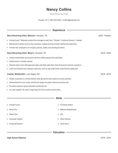 Store Receiving Clerk Resume
