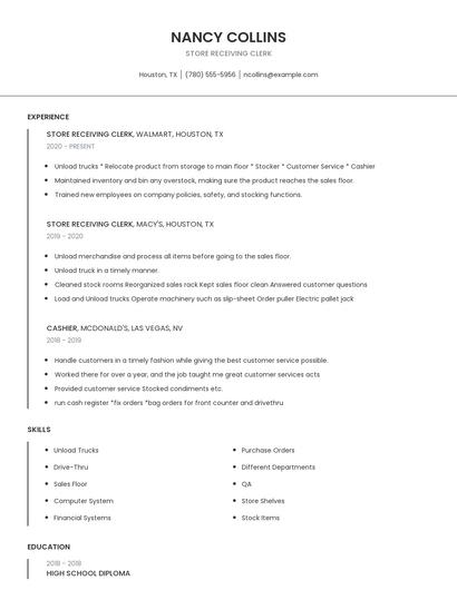Store Receiving Clerk Resume
