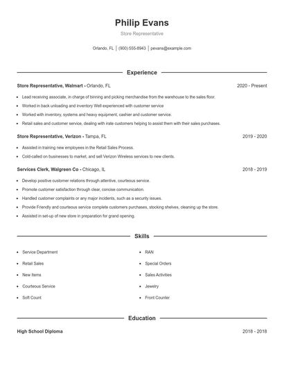 Store Representative Resume