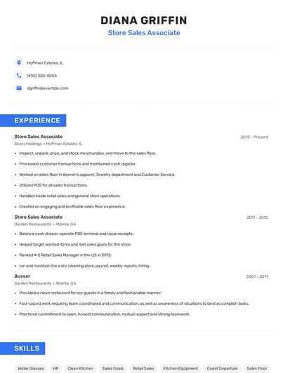 Store Sales Associate Resume