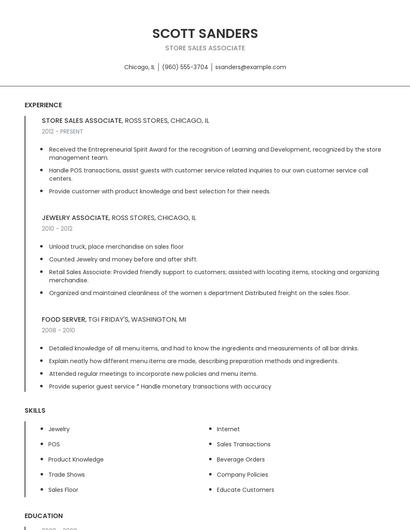 Store Sales Associate Resume