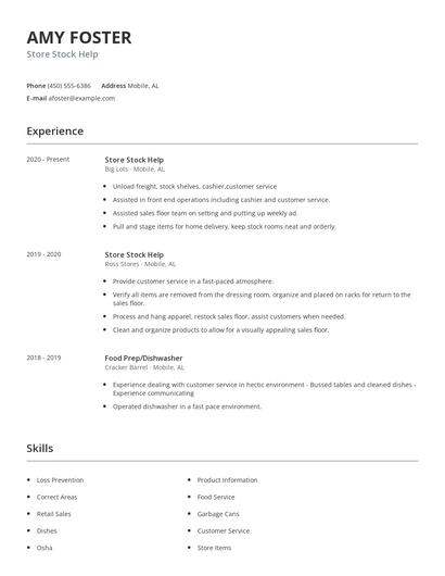 Store Stock Help Resume