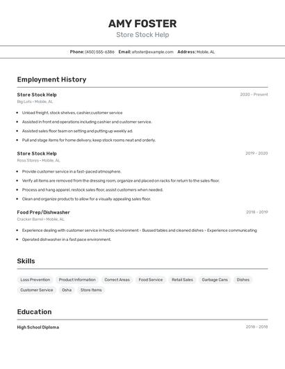 Store Stock Help Resume