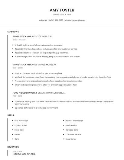 Store Stock Help Resume