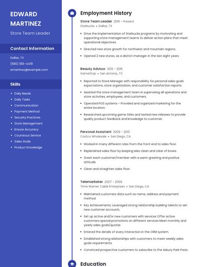 Store Team Leader Resume