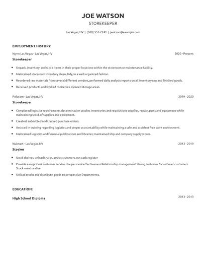 Storekeeper Resume