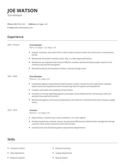 Storekeeper Resume