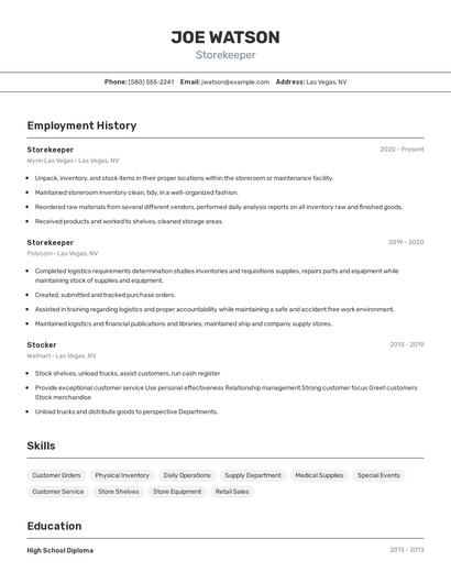 Storekeeper Resume