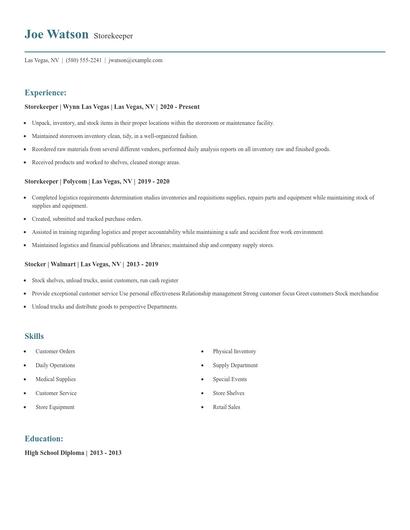 Storekeeper Resume