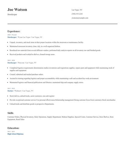 Storekeeper Resume