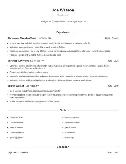 Storekeeper Resume