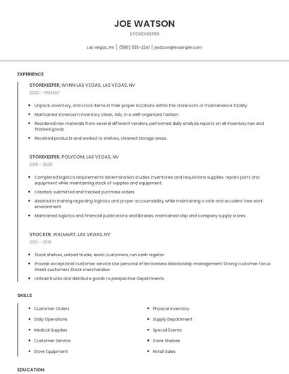 Storekeeper Resume