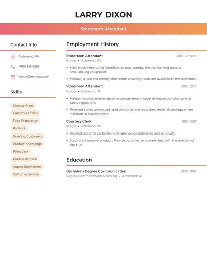 Storeroom Attendant Resume