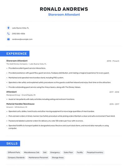 Storeroom Attendant Resume