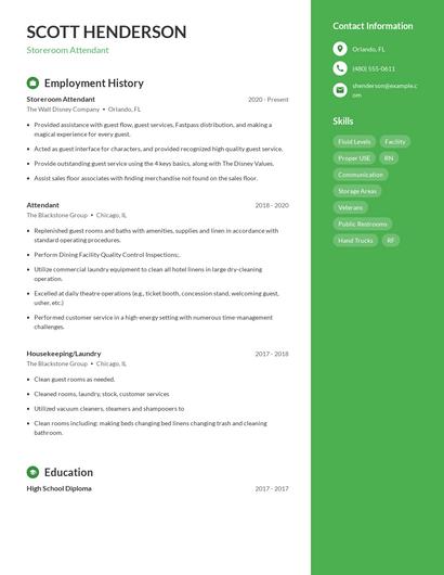Storeroom Attendant Resume