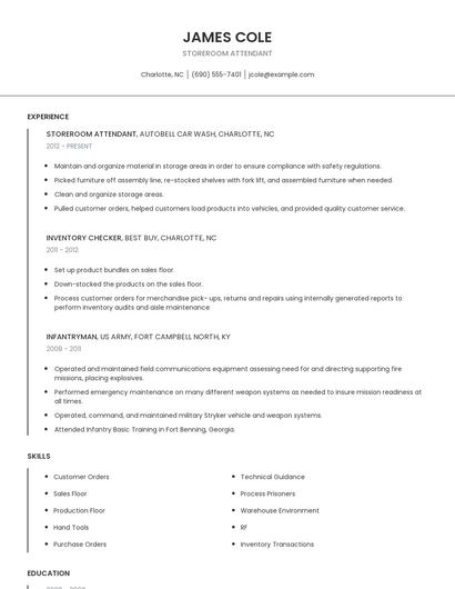 Storeroom Attendant Resume