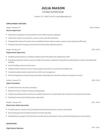 Stores Supervisor Resume