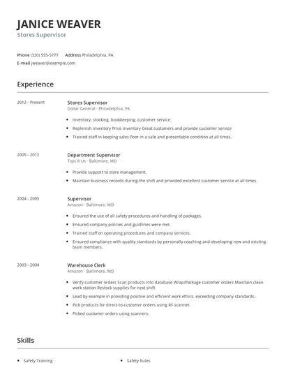 Stores Supervisor Resume