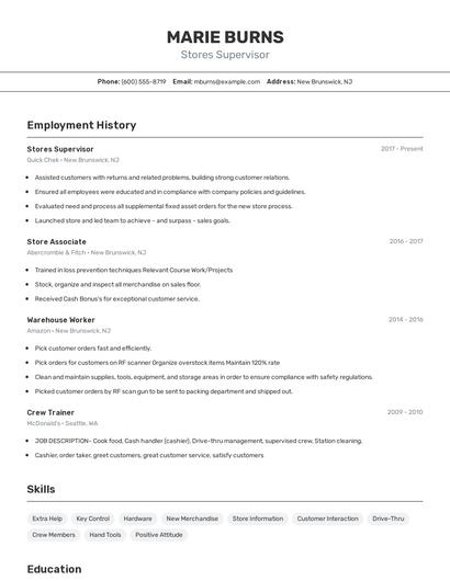 Stores Supervisor Resume
