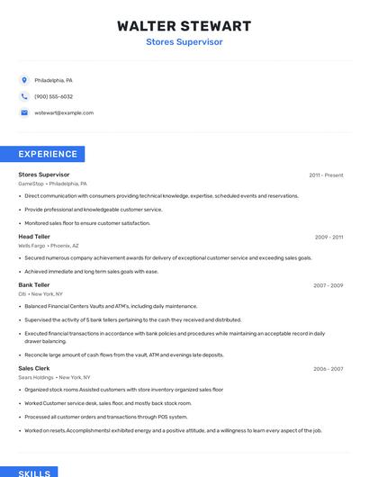 Stores Supervisor Resume