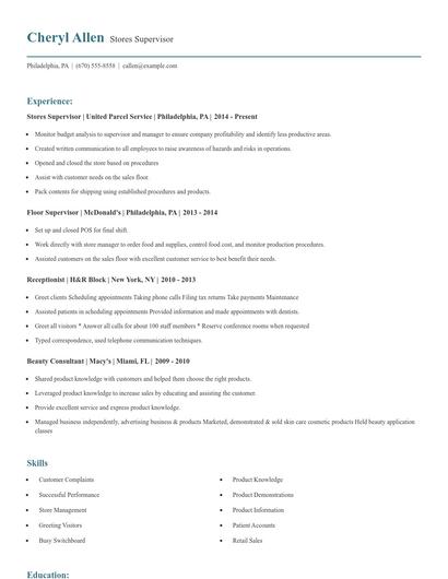 Stores Supervisor Resume