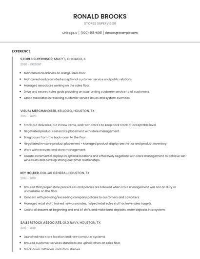 Stores Supervisor Resume