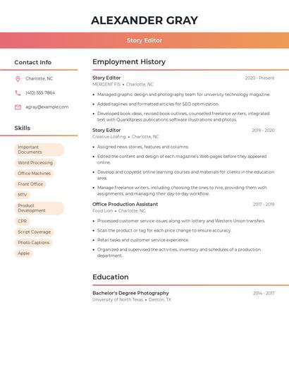Story Editor Resume