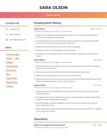 Story Writer Resume