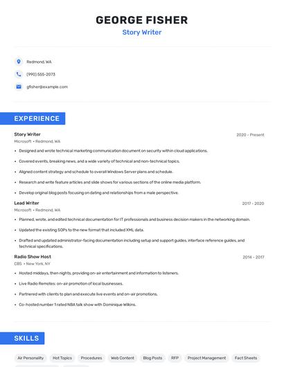 Story Writer Resume