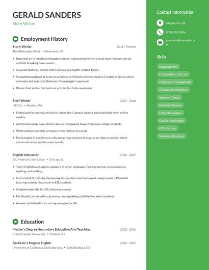 Story Writer Resume