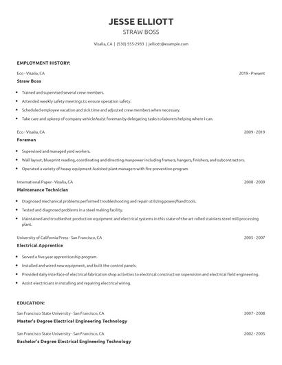 Straw Boss Resume